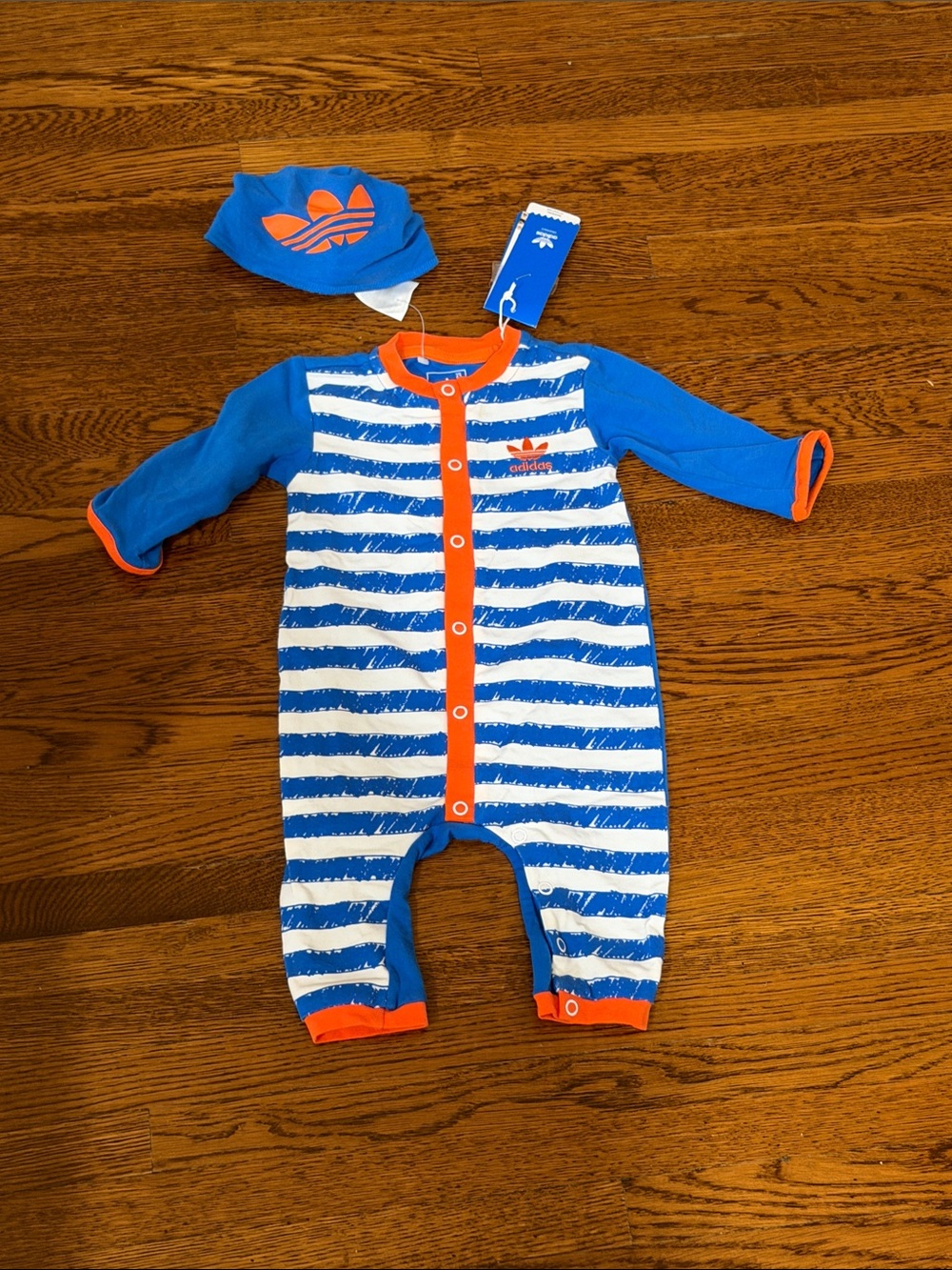 Brand new with tags adidas Blue & White Stripe Infant One-Piece with Orange Trim